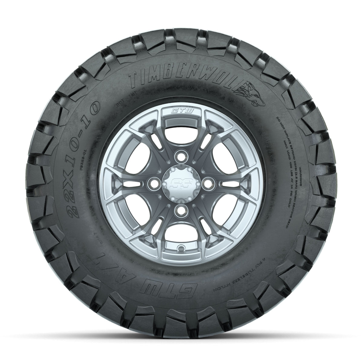 GTW Spyder Silver Brush 10 in Wheels with 22x10-10 Timberwolf All Terrain Tires