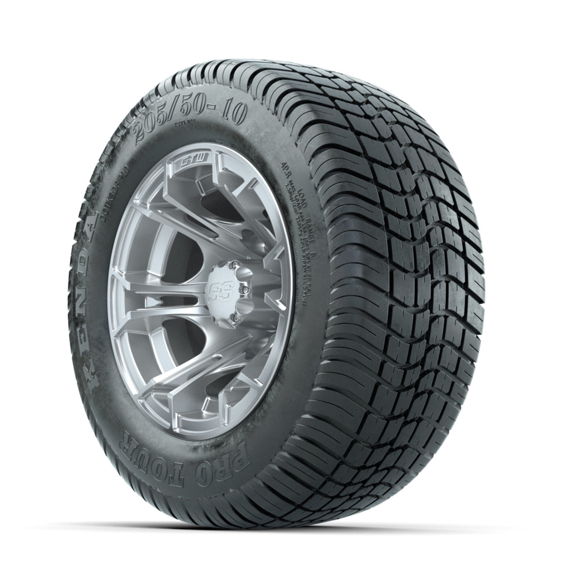 GTW Spyder Silver Brush 10 in Wheels with 205/50-10 Kenda Pro Tour Low-profile