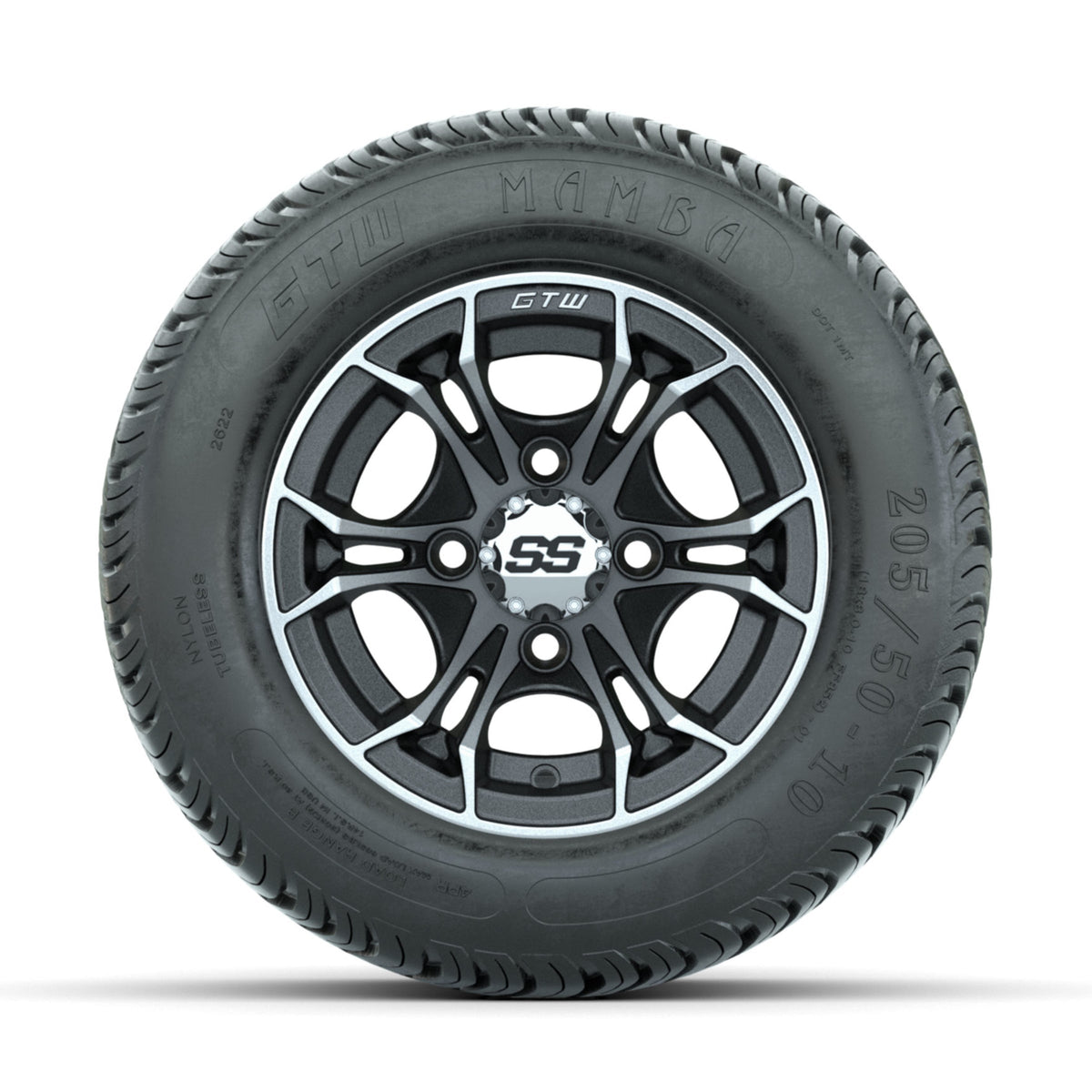 GTW Spyder Machined/Matte Grey 10 in Wheels with 205/50-10 Mamba Street Tires