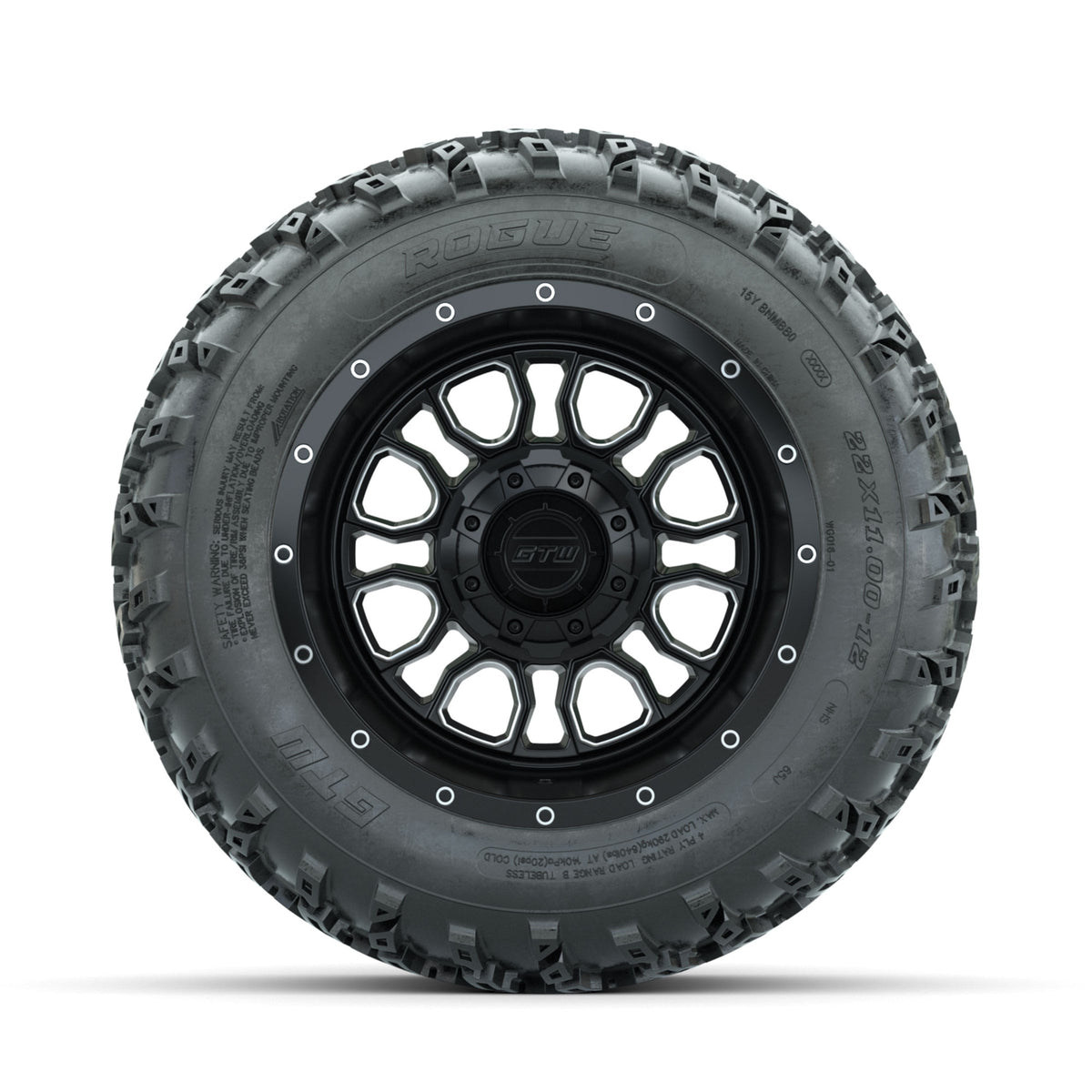 GTW Volt Machined/Black 12 in Wheels with 22x11.00-12 Rogue All Terrain Tires