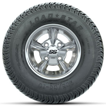 GTW Chrome Godfather 10 in Wheels with 205/65-10 Kenda Load Star Tires - Set of
