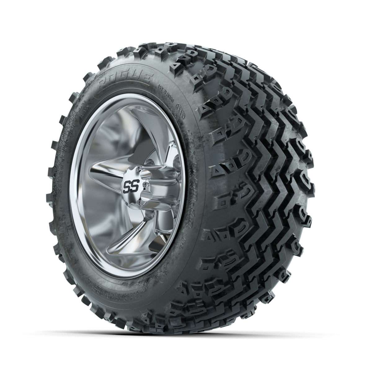 GTW Godfather Chrome 10 in Wheels with 18x9.50-10 Rogue All Terrain Tires –
