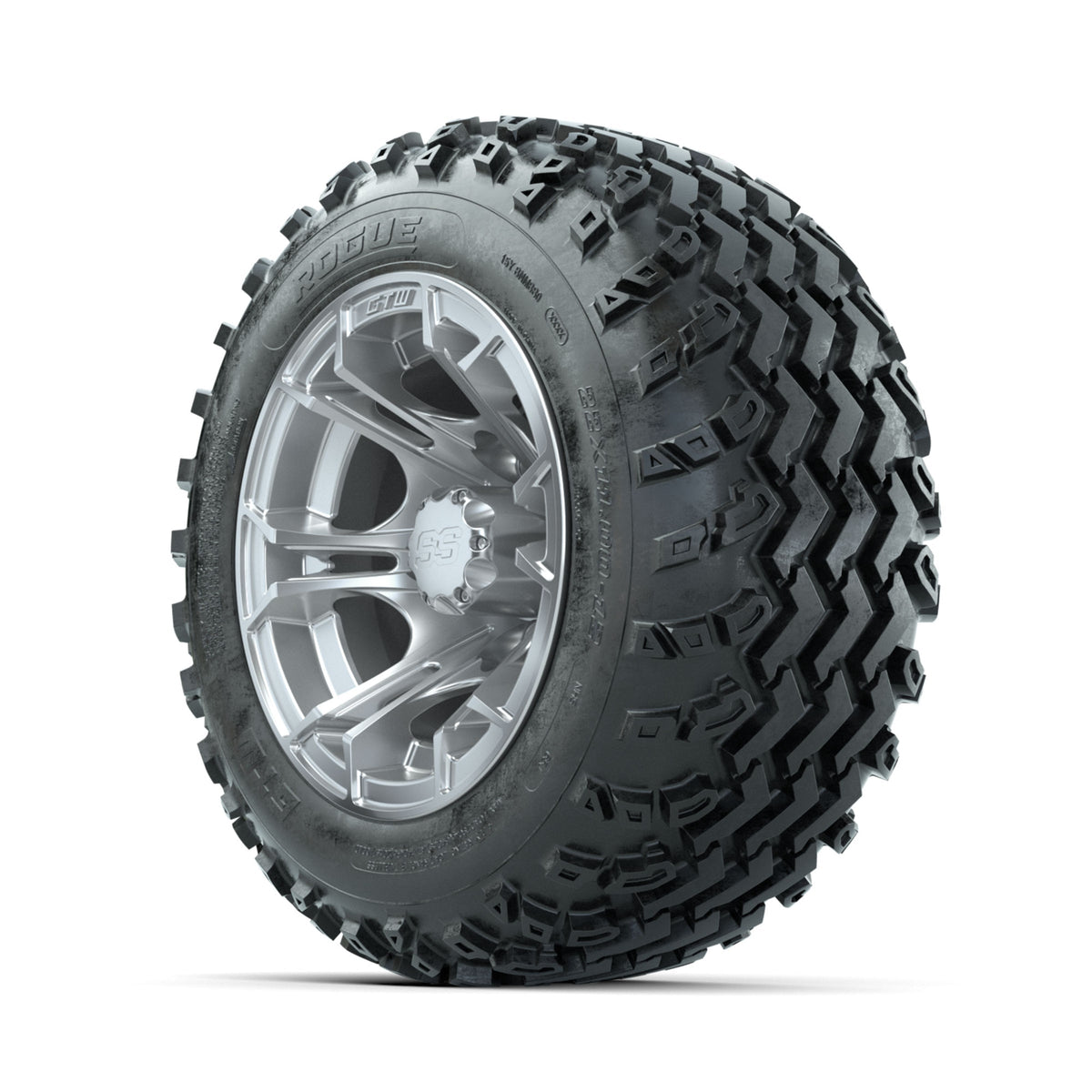 GTW Spyder Silver 12 in Wheels with 22x11.00-12 Rogue All Terrain Tires –