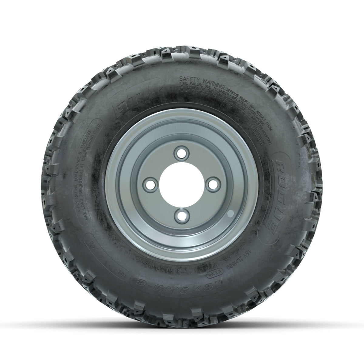 GTW Steel Silver Centered 8 in Wheels with 18x9.50-8 Rogue All Terrain Tires