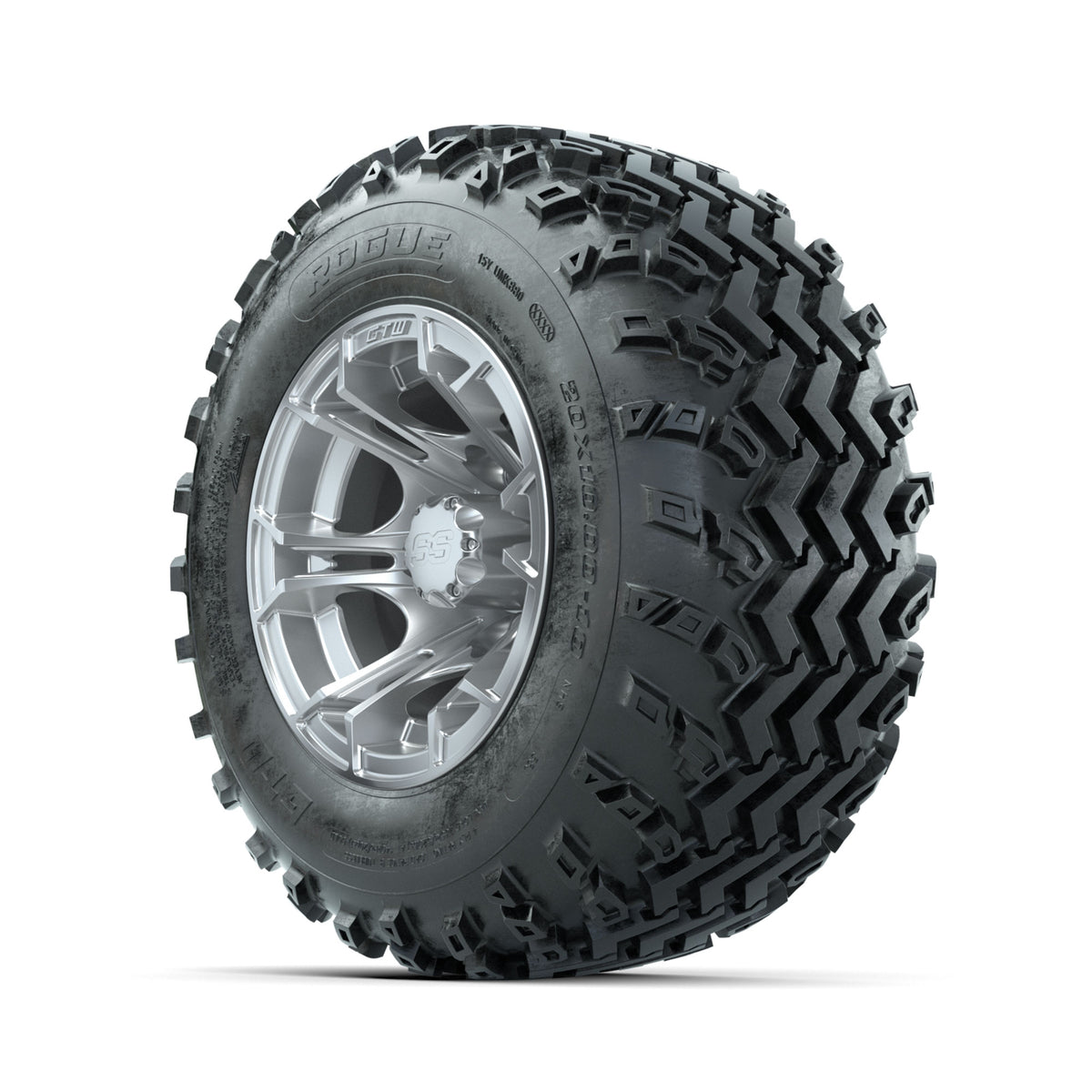 GTW Spyder Silver 10 in Wheels with 20x10.00-10 Rogue All Terrain Tires –