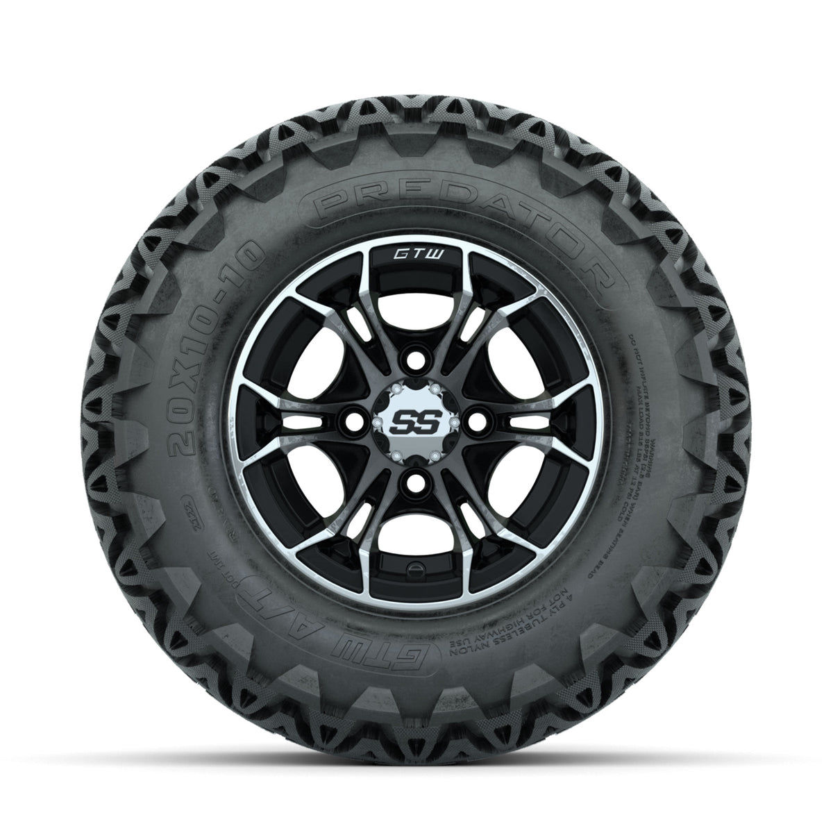 GTW Spyder Machined/Black 10 in Wheels with 20x10-10 Predator All Terrain Tires