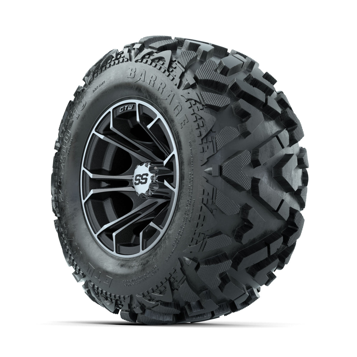 GTW Spyder Machined/Matte Grey 10 in Wheels with 20x10-10 Barrage Mud Tires –