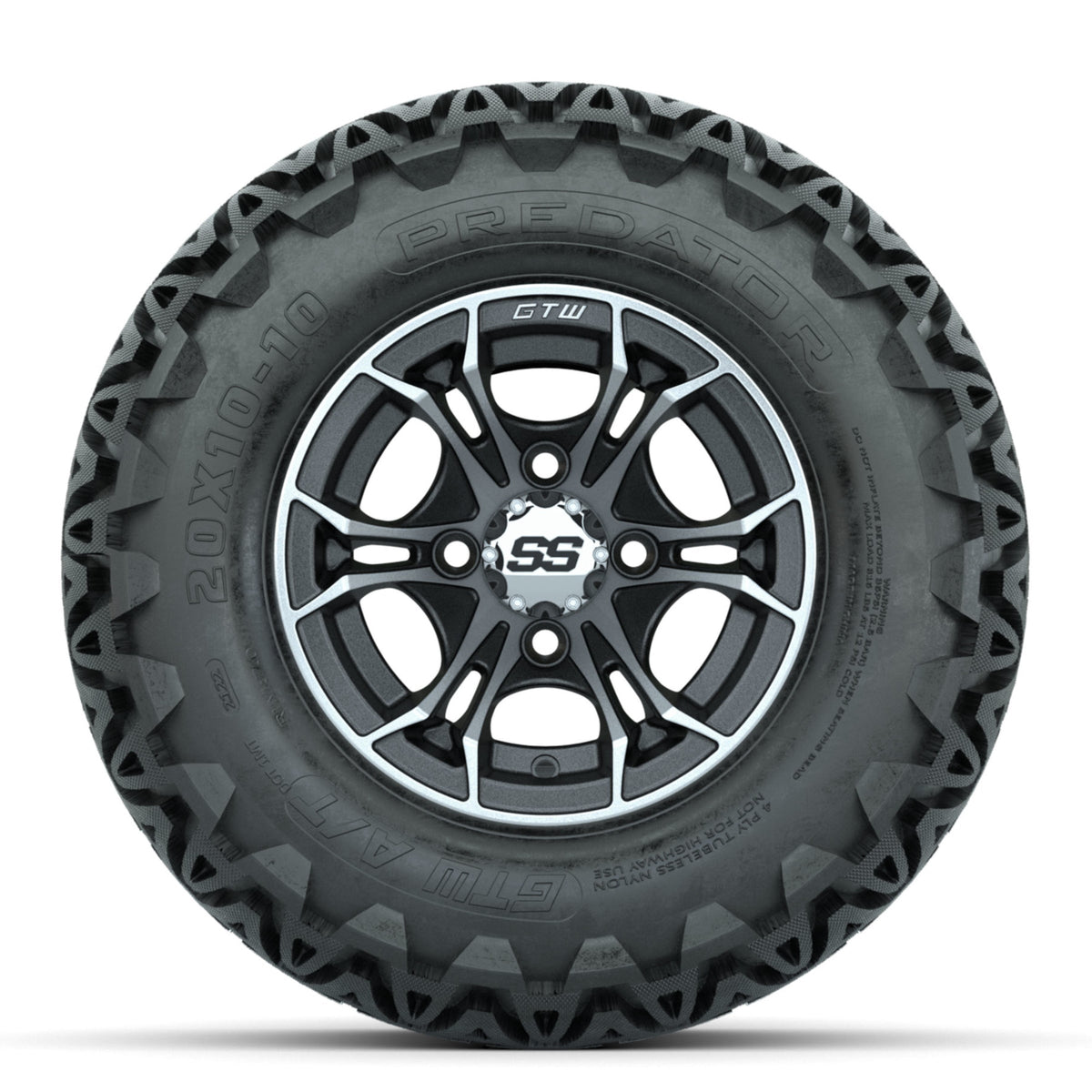 GTW Spyder Machined/Matte Grey 10 in Wheels with 20x10-10 Predator All Terrain