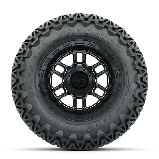 Set of (4) 12 in GTW® Titan Machined & Black Wheels with 23x10.5-12 Predator