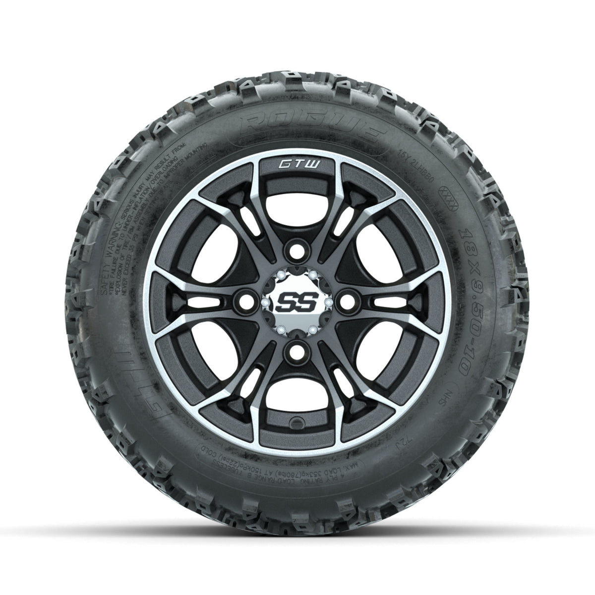 GTW Spyder Machined/Matte Grey 10 in Wheels with 18x9.50-10 Rogue All Terrain