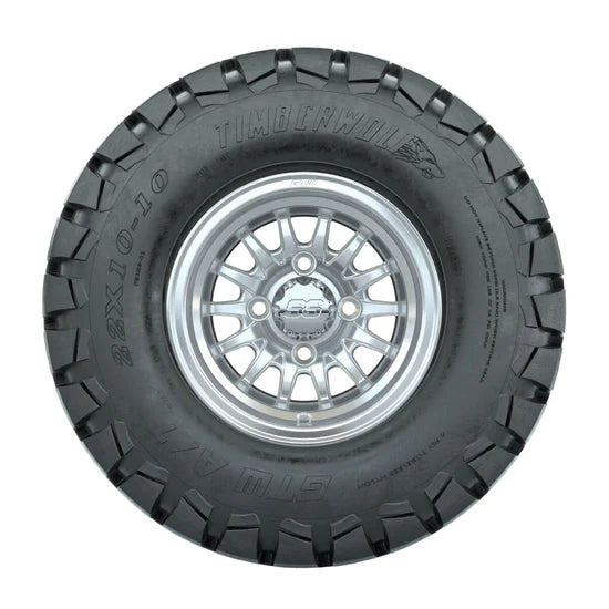 10" GTW Medusa Silver and Machined Wheels with 22" Timberwolf Mud Tires - Set