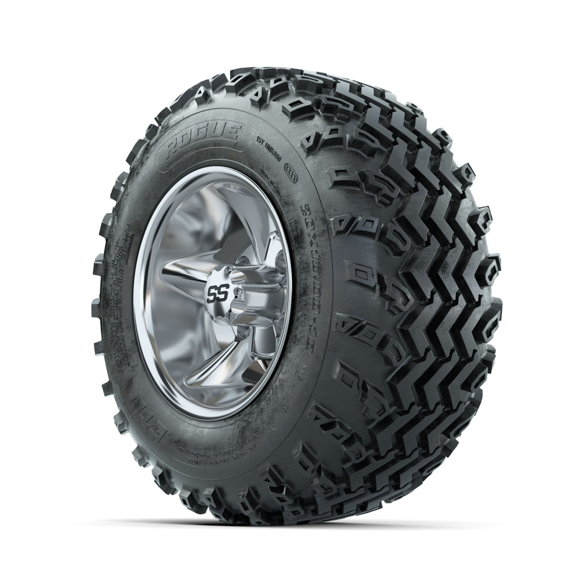 GTW Godfather Chrome 10 in Wheels with 20x10.00-10 Rogue All Terrain Tires –