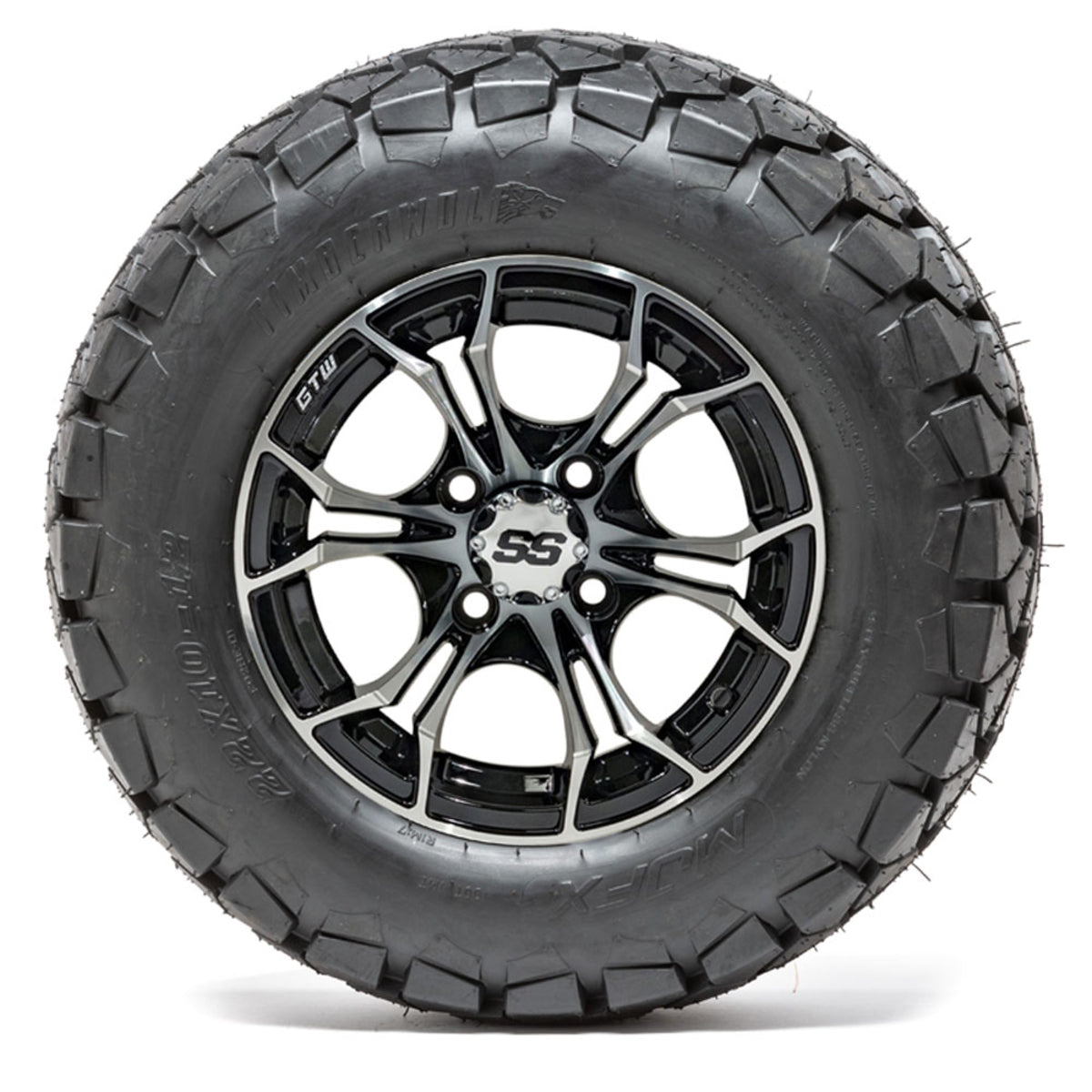 12" GTW Spyder Black and Machined Wheels with 22" Timberwolf Mud Tires Set of 4