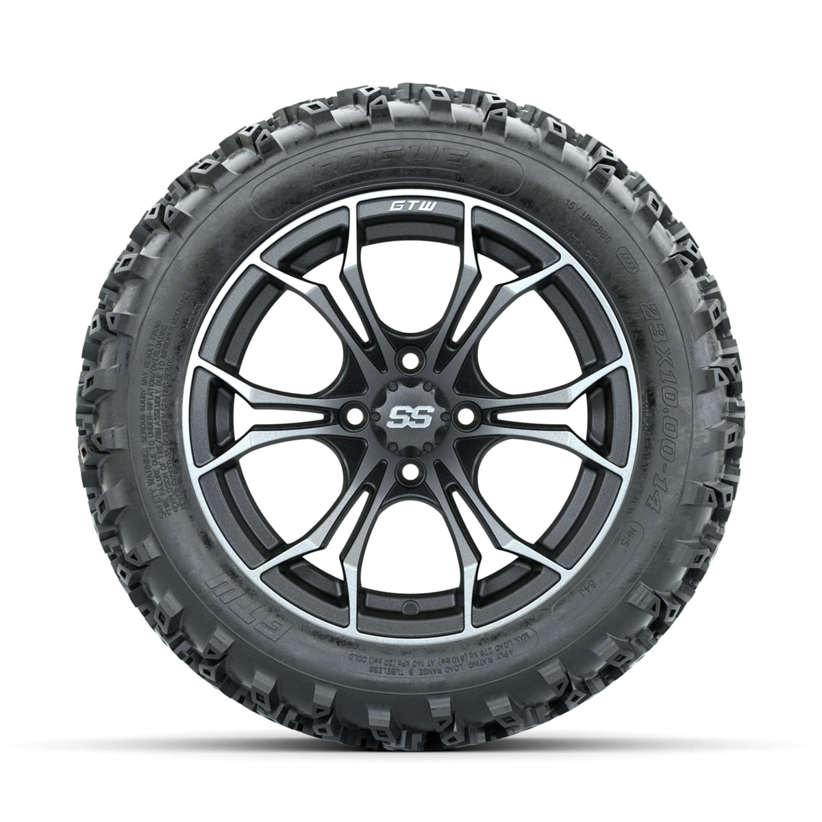 GTW Spyder Machined/Grey 14 in Wheels with 23x10.00-14 Rogue All Terrain Tires