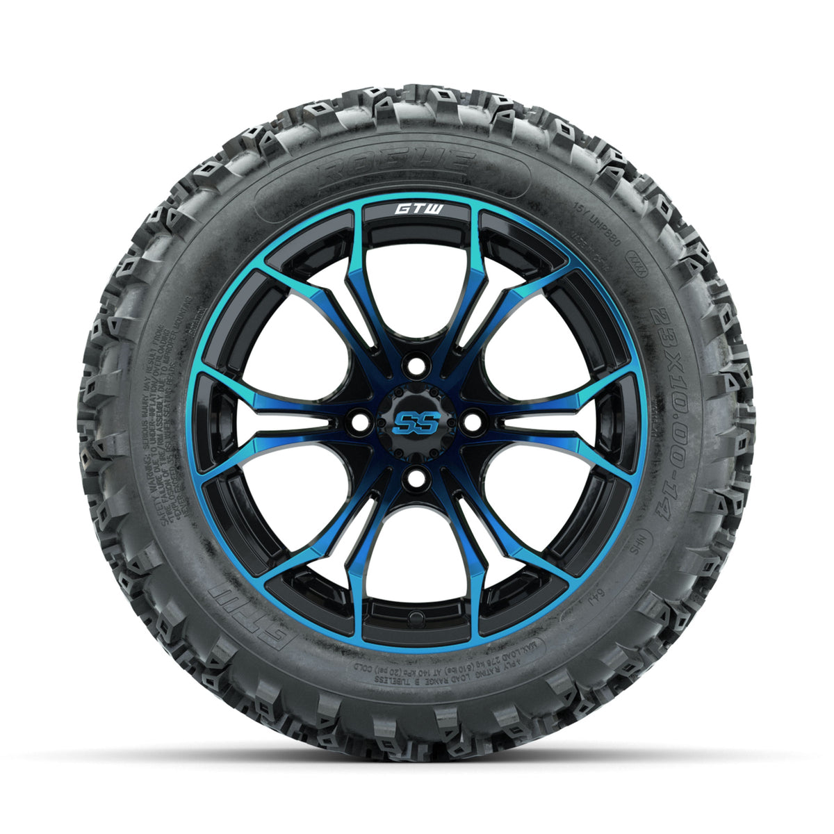 GTW Spyder Blue/Black 14 in Wheels with 23x10.00-14 Rogue All Terrain Tires –