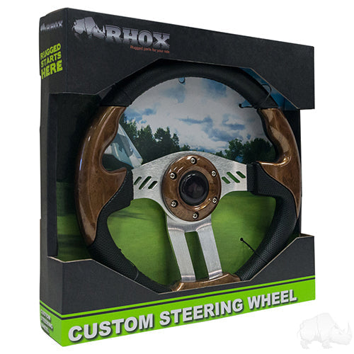 RHOX Golf Cart Steering Wheel -Aviator 5 Woodgrain Grip/Brushed Aluminum Spokes