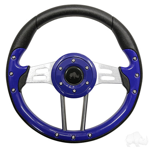 RHOX Golf Cart Steering Wheel -Aviator 4 Blue Grip/Brushed Aluminum Spokes 13"