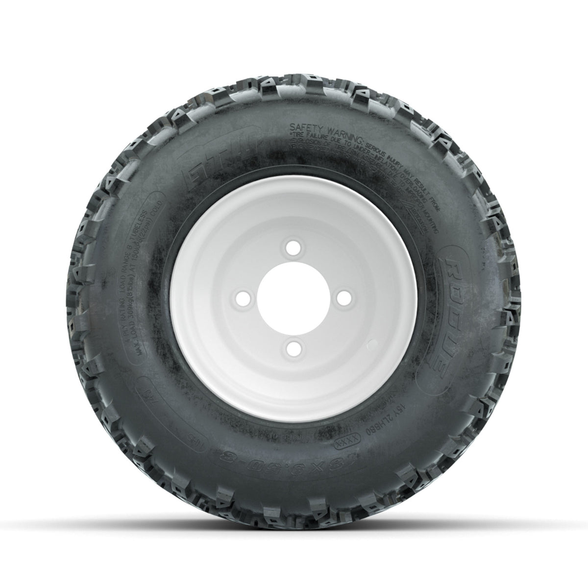 GTW Steel White Centered 8 in Wheels with 18x9.50-8 Rogue All Terrain Tires ‚Äì