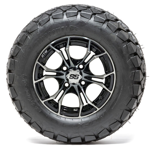 12" GTW Spyder Black and Machined Wheels with 22" Timberwolf Mud Tires Set of 4