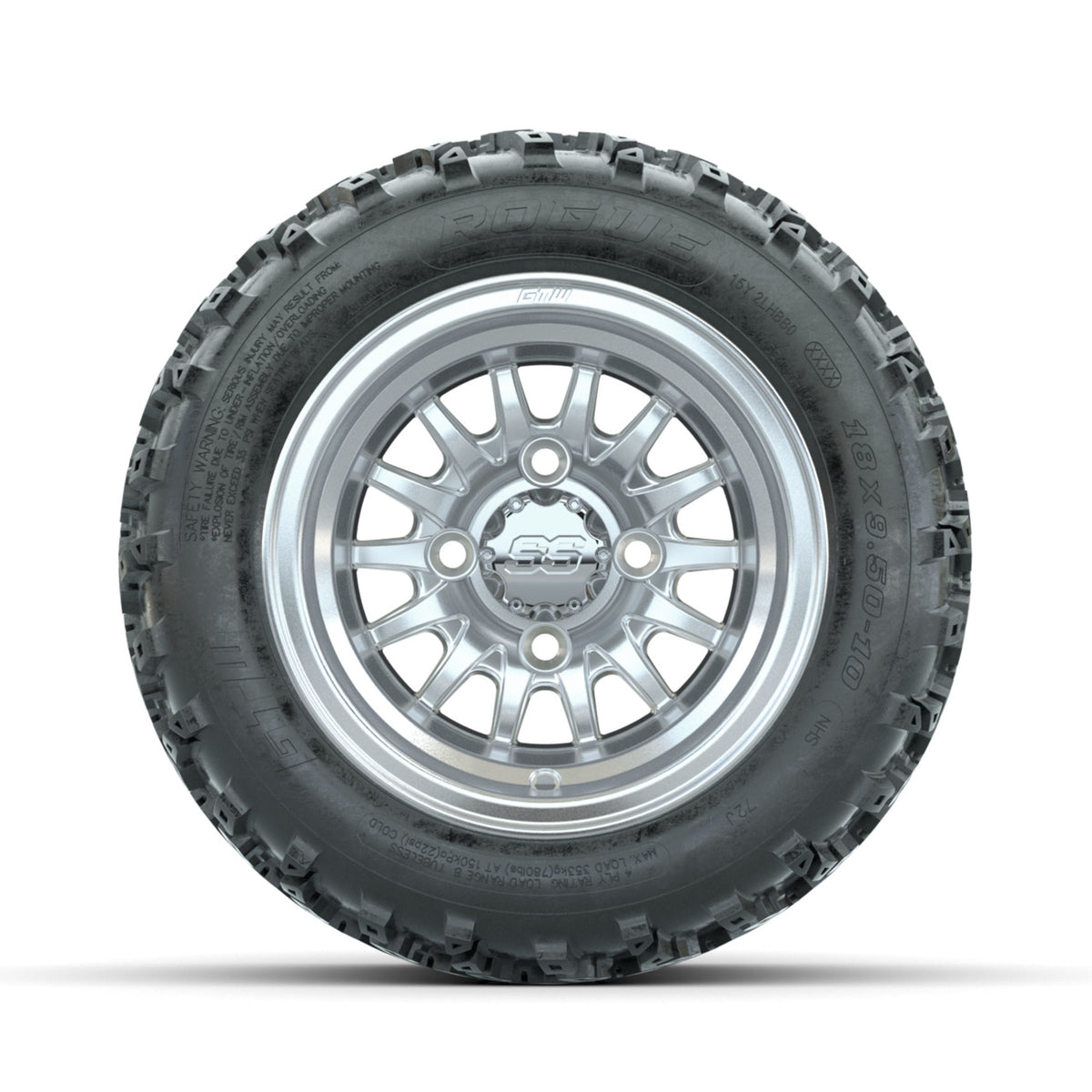 GTW Medusa Machined/Silver 10 in Wheels with 18x9.50-10 Rogue All Terrain Tires