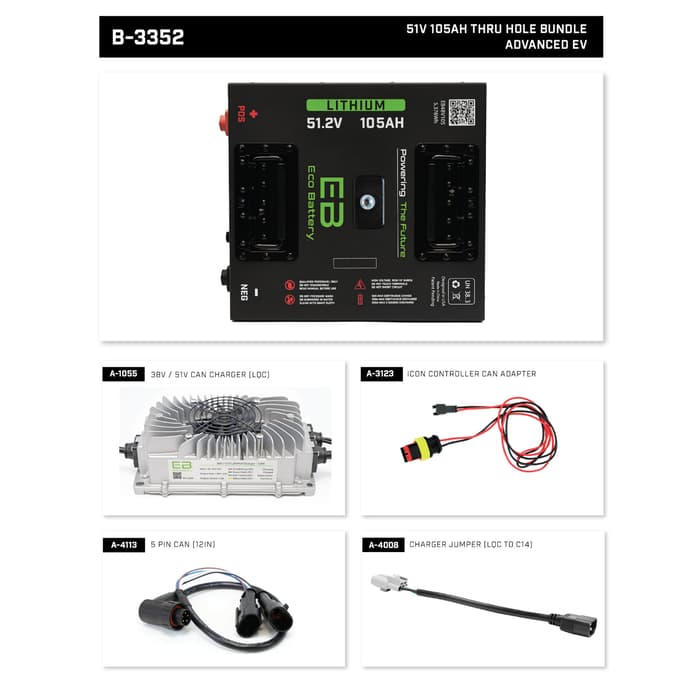 Eco Battery 48V 105Ah Thru Hole Lithium Bundle Kit with Charger & Optional 12V Converter