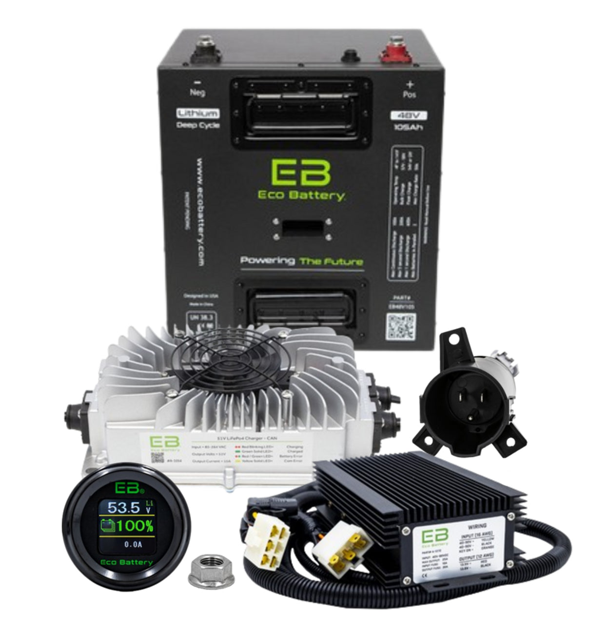 Eco Battery 48V 105Ah Thru Hole Lithium Bundle Kit with Charger & Optional 12V Converter