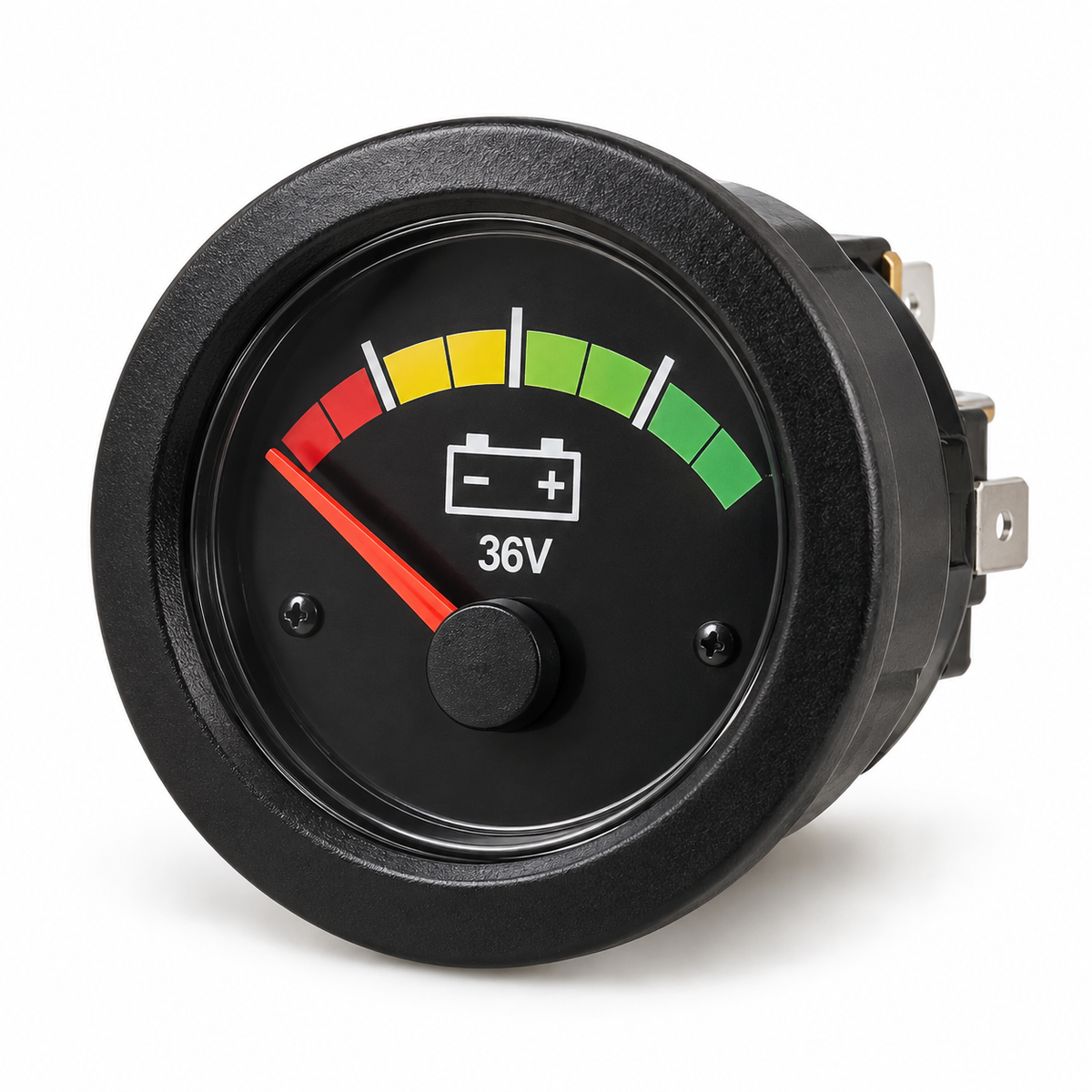 Illustrative rendering only, not exact manufacturer photo. 36V round analog battery charge gauge, SKU 336; refer to specifications.