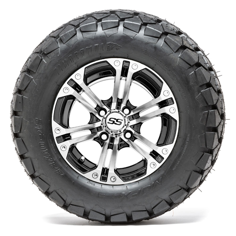 12" GTW Specter Black/Machined Lifted Golf Cart Wheels on 22" Trail Tires - Set of 4