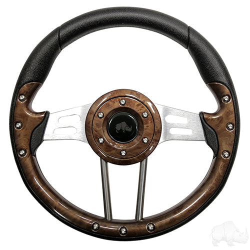 RHOX Golf Cart Steering Wheel -Aviator 4 Woodgrain Grip/Brushed Aluminum Spokes 13" Diameter