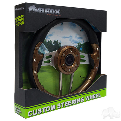 RHOX Golf Cart Steering Wheel -Aviator 4 Woodgrain Grip/Brushed Aluminum Spokes 13" Diameter