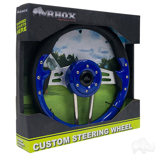 RHOX Golf Cart Steering Wheel -Aviator 4 Blue Grip/Brushed Aluminum Spokes 13" Diameter