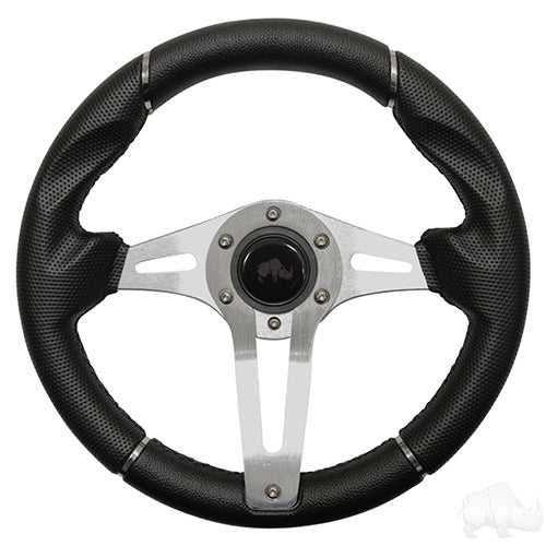 RHOX Golf Cart Steering Wheel -Challenger Black Grip/Brushed Aluminum Spokes 13" Diameter