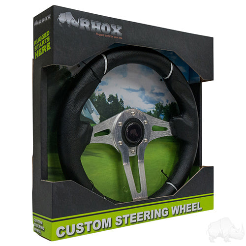 RHOX Golf Cart Steering Wheel -Challenger Black Grip/Brushed Aluminum Spokes 13" Diameter