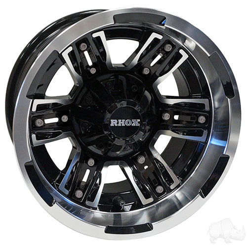 12" Golf Cart Wheel, Machined Gloss Black Rim, 12x7 ET-25