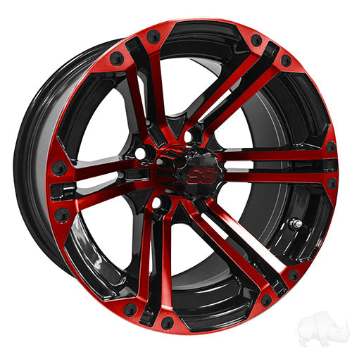 14" Golf Cart Wheel, Black/Red Rim & Center Cap, 14x7 ET-25